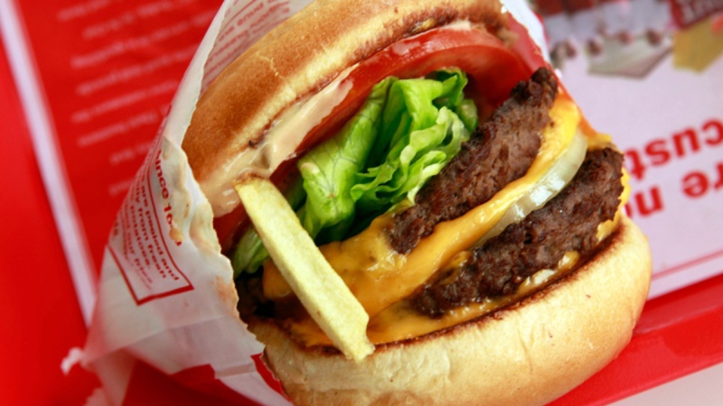 A 'Double-Double' hamburger at the opening of an In-N-Out in Allen, Texas, on May 11, 2011. (The Dallas Morning News, Michael Ainsworth / AP)
