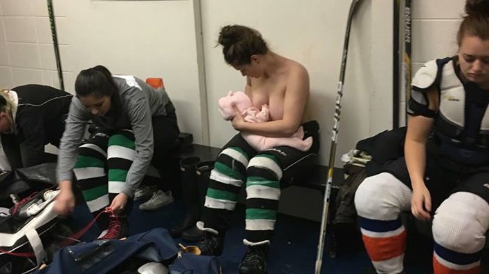 Hockey player breastfeeding