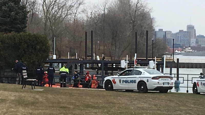 Windsor police were called to the Detroit River at Riverside Drive and Strabane Avenue for a report of a dead body on Monday, April 9, 2018. (Stafanie Masotti / CTV Windsor)