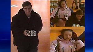 Barrie police released these images of two suspects accused of trying to steal nearly a thousand dollars in items from a Loblaws in Barrie, Ont. 