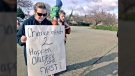 About a dozen people rallied outside the Port Alberni RCMP detachment to show support for a woman possibly facing charges in an altercation with a man being investigated for child luring. April 17, 2018. (CTV Vancouver Island)