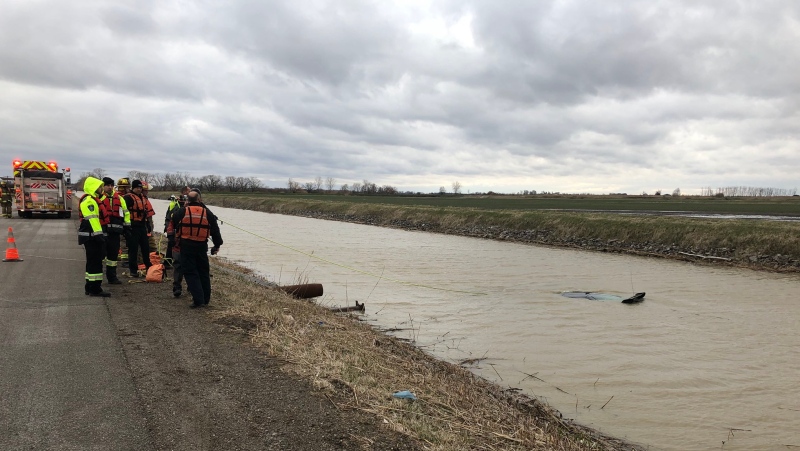 Car found in creek near Tilbury, Ont., on Thursday, April 19, 2018. (Courtesy Chatham-Kent Fire)