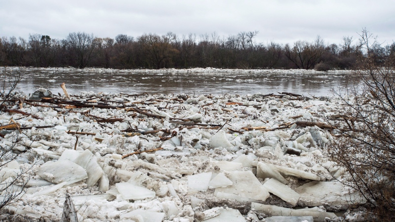 Ice is seen in the high waters of the Grand River in Brantford where residents were being evacuated due to flooding after an ice jam upstream of Parkhill Dam sent a surge of water downstream on Wednesday, February 21, 2018. (THE CANADIAN PRESS/Aaron Vincent Elkaim)