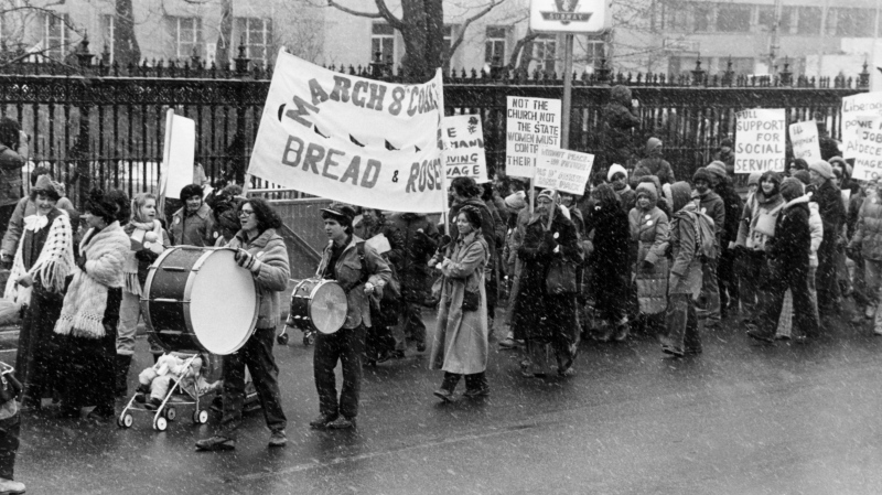 About 1,500 people are seen marching through the heavy snowfall in support of International Women's Day in Toronto, Ont., March 8, 1980. Canadian security agents were so busy looking for Communist infiltrators in the flowering women's liberation movement, they all but missed a genuine social revolution that transformed millions of lives, says a newly published book. (THE CANADIAN PRESS/Jann Van Horne)