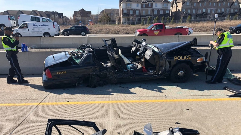 The OPP's Kerry Schmidt tweeted this photo of a police cruiser after a serious collision in Brampton, Ont. (Twitter/OPP_HSD)