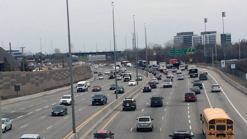 Traffic on Highway 417 Eastbound is brought to a standstill after a man in his 70s fell off his motorcycle on Tuesday, Apr. 24, 2018. The man was not seriously injured.  (Peter Szperling/CTV Ottawa)