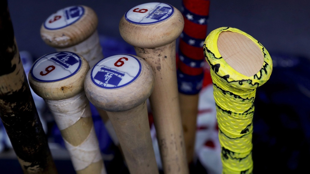 Los Angeles Dodgers' Joc Pederson's bat, right