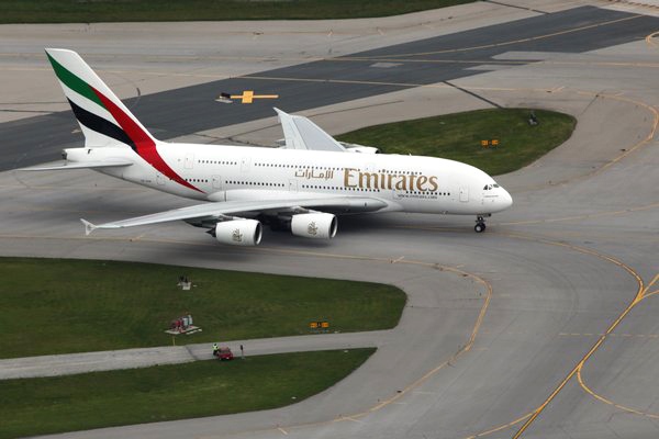 Emirates Airbus A380 arrives at Toronto's Pearson International Airport. (Tom Podolec / CTV News)   