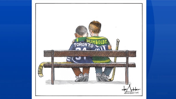 Cartoonist Michael de Adder says he was trying to bring a bit of positivity to a horrible situation when he illustrated an image depicting the recent tragedies in Toronto and Humboldt, Sask. (Michael de Adder/Twitter)