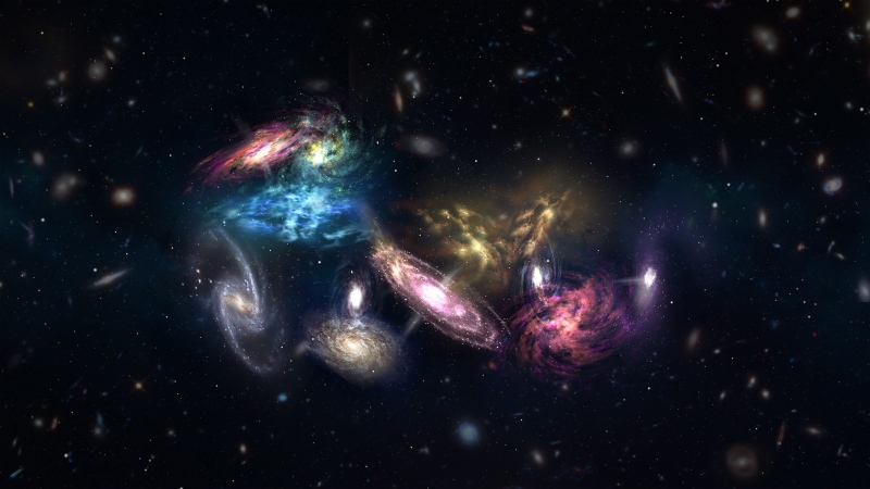 An artist's impression of the 14 galaxies detected by Atacama Large Millimeter/submillimeter Array (ALMA) as they appear in the very early, very distant universe are shown in this undated handout photo. (THE CANADIAN PRESS/HO - NRAO, AUI, NSF - S. Dagnello)