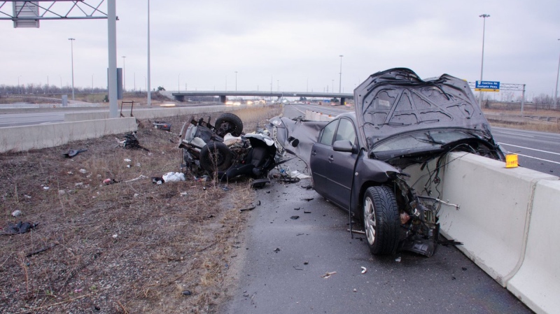 A vehicle involved in a deadly collision on Hwy. 403 early Saturday morning is shown. (OPP/Kerry Schmidt)
