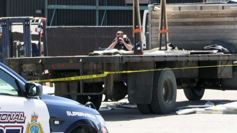 Police investigate after a man was killed by a falling slab of granite at a business on Manitou Drive in Kitchener on Monday, April 30, 2018.
