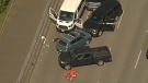Graphic content warning: Blood can be seen on the ground at Departure Bay Ferry Terminal following an apparent police-involved shooting Tues., May 8, 2018. (CTV Chopper 9)
