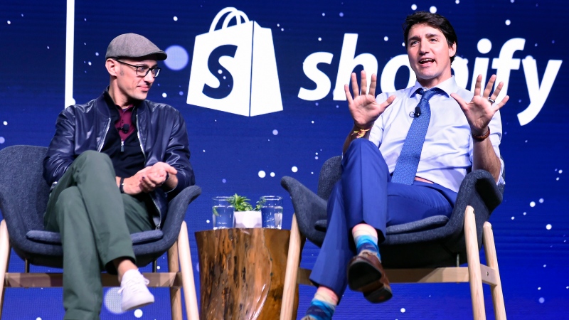 Prime Minister Justin Trudeau participates in an armchair discussion with Shopify CEO Tobias Lutke in Toronto on Tuesday, May 8, 2018. THE CANADIAN PRESS/Nathan Denette