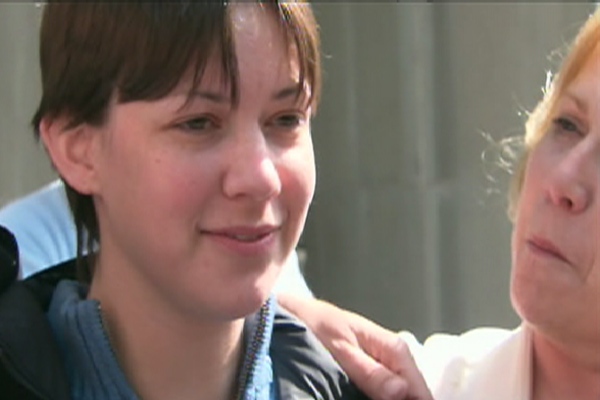 Ashleigh Pechaluk speaks to reporters after being acquitted of first-degree murder on Thursday, June 4, 2009.