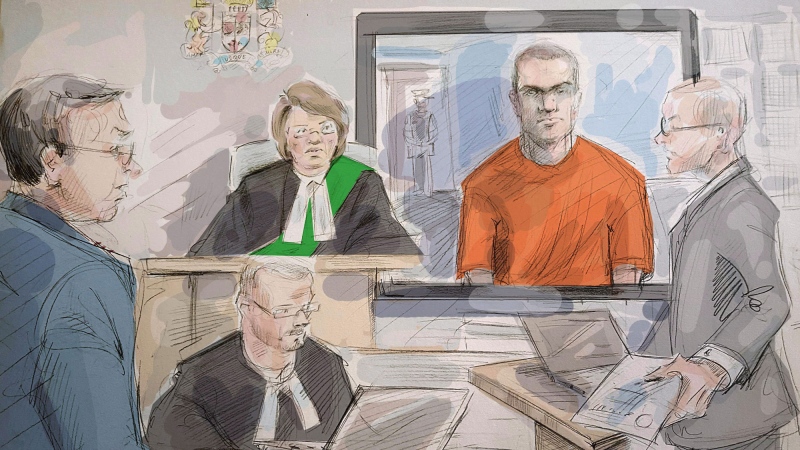Defence lawyer Boris Bytensky, left to right, Justice Ruby Wong, Alek Minassian and Crown prosecutor Joe Callaghan are shown in court as Minassian appears by video in Toronto on Thursday, May 10, 2018 in this courtroom sketch. Three new charges of attempted murder were laid Thursday against the man accused in a deadly van attack that took place in north Toronto last month. THE CANADIAN PRESS/Alexandra Newbould