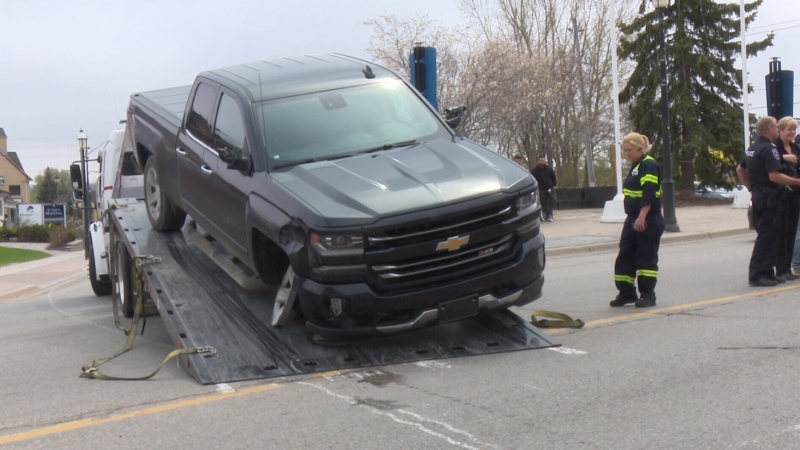 The vehicle involved in a high speed police chase across parts of Simcoe County that ended in downtown Barrie on Tuesday May 15, 2018. (Rob Cooper/CTV Barrie)