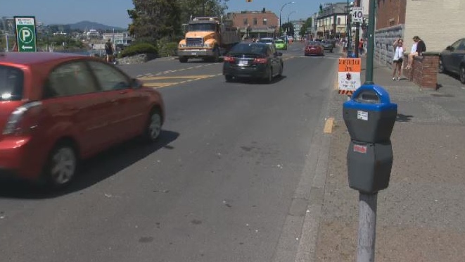 Parking spaces on Wharf Street will be nixed to make way for the city's next bike lane installation. May 23, 2018. (CTV Vancouver Island)