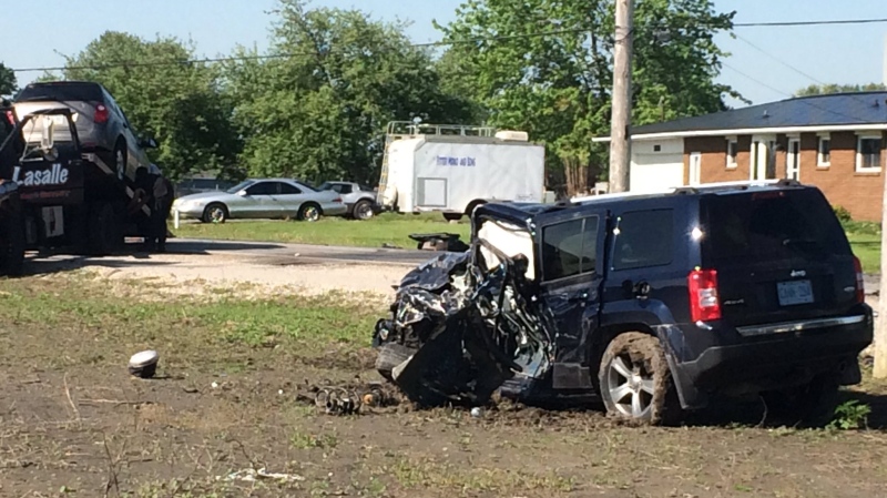 An SUV sustained heavy damage after a crash on Malden Road in LaSalle, Ont., on Thursday, May 24, 2018. (MIchelle Maluske / CTV Windsor)