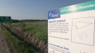 The City of Ottawa's applicant's proposal sign sits at 5371 Boundary Rd. in Ottawa's east end where Amazon is planning to open a one-million-square foot distribution centre. (CTV Ottawa)