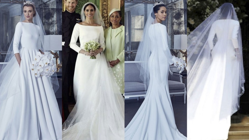Romona Keveza's designs for Meghan Markle's wedding gown are compared with the dress she chose in this compilation photo. (Romona Keveza Collection) 