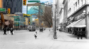 Supplied photo showing Portage Ave and Carlton Street on the day at the outbreak of World War I in 1914 blended with a recent photo. Photos on the app fade from past to present. (On This Spot & Virtual Heritage Winnipeg 02-091)
