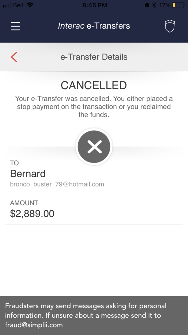 Simplii fraudulent transaction cancelled