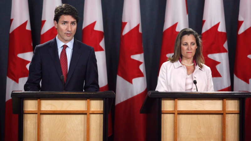 Prime Minister Justin Trudeau and Foreign Affairs Minister Chrystia Freeland speak at a press conference in Ottawa on Thursday, May 31, 2018. THE CANADIAN PRESS/ Patrick Doyle