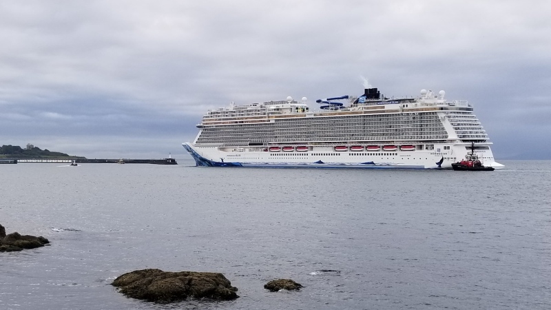 Norwegian Cruise Lines' Norwegian Bliss, which is 20 decks high and just over 300 metres long, is seen near Victoria's Ogden Point. June 1, 2018. (Twitter/@TonyBrooks33)