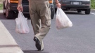 A shopper leaves a grocery store carrying his groceries in plastic bags Tuesday, August 30, 2016 in Brossard, Que. THE CANADIAN PRESS/Paul Chiasson