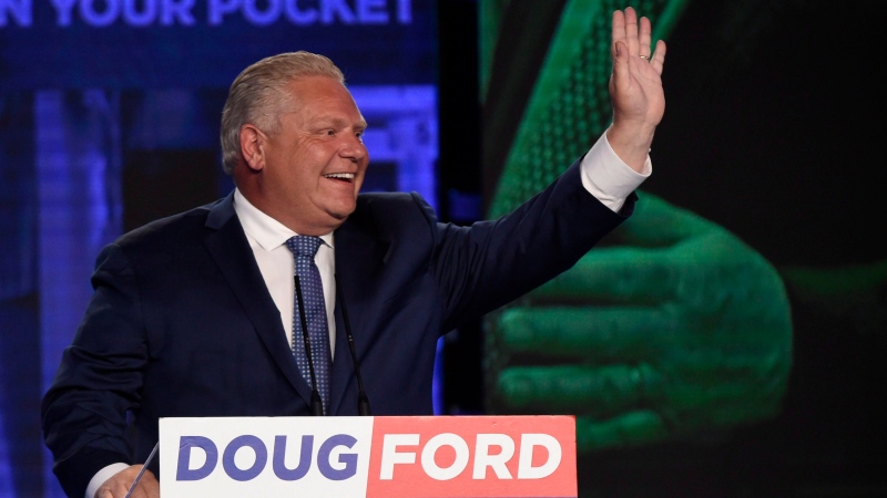 Ontario PC leader Doug Ford reacts after winning the Ontario Provincial election to become the new Premier in Toronto on Thursday, June 7, 2018. (THE CANADIAN PRESS/Nathan Denette)