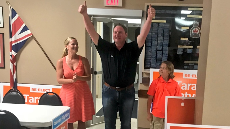 NDP incumbent Taras Natyshak celebrates being re-elected in Essex, Ont., on Thursday, June 7, 2018. (Rich Garton / CTV Windsor)