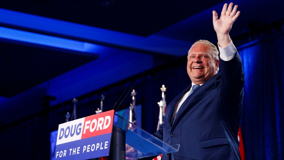 Ontario PC Leader Doug Ford speaks to supporters after winning a majority government in the Ontario Provincial election in Toronto, on Thursday, June 7, 2018. THE CANADIAN PRESS/Mark Blinch