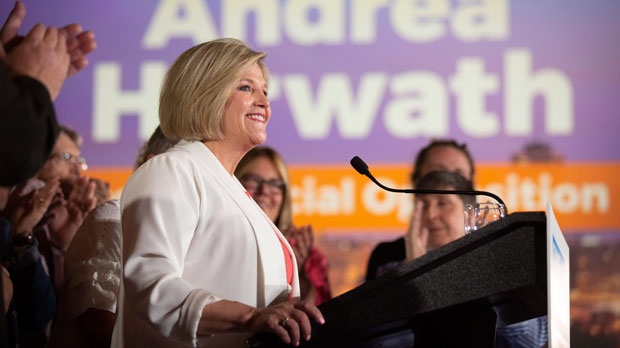 Ontario NDP Leader Andrea Horwath making her speech at her election party at the Hamilton Convention Centre in Hamilton, Ont., on Thursday, June 7, 2018. (THE CANADIAN PRESS/Peter Power)
