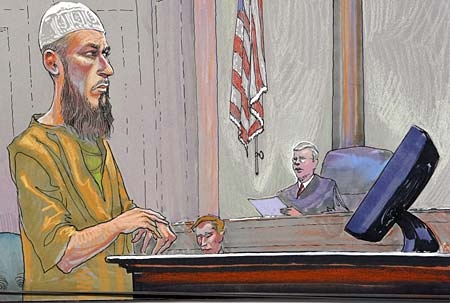 An artist's rendering of former Georgia Tech student Syed Haris Ahmed in federal court Wednesday June 10, 2009. (AP Photo/Richard Miller)
