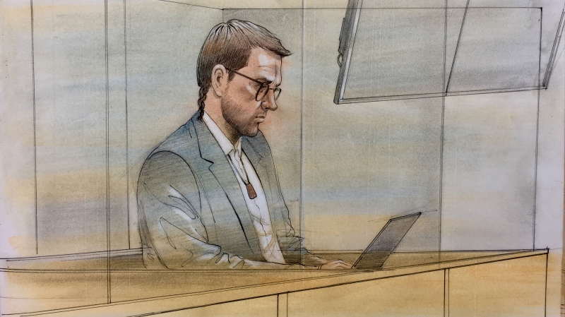 Dellen Millard appears in court on June 11, 2018. (Sketch by John Mantha)