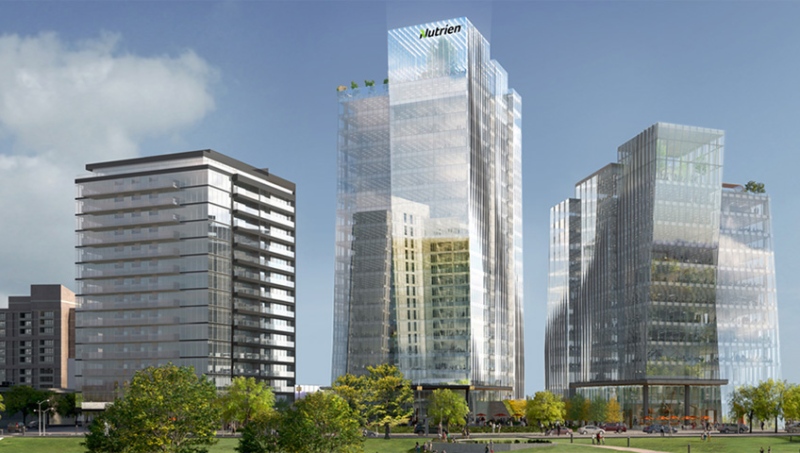Renderings show plans for Nutrien Tower, an office building set to be built in Saskatoon's River Landing area. (nutrien.com)
