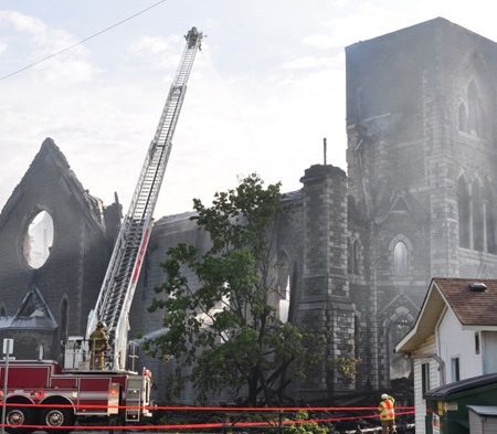 St-Paul Catholic Church in Aylmer is reduced to rubble after an overnight fire. Viewer photo submitted by Serge Valli�res