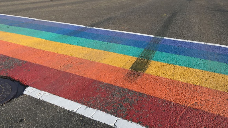 RCMP released a photo showing damage to the Pride crosswalk on 98 St. and 103 Ave. in Grande Prairie on Thursday, June 14, 2018. Supplied.