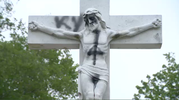 A statue of Jesus Christ at Mount Olivet Cemetery in Halifax was defaced by vandals overnight.
