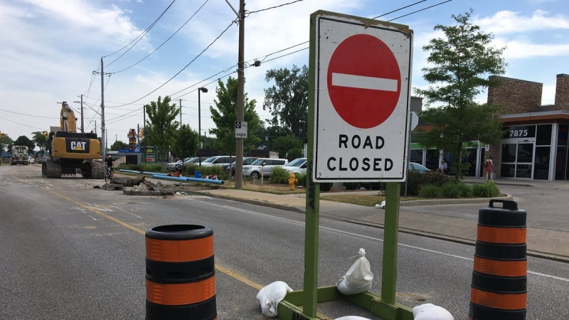 A section of Riverside Drive is closed for construction in Windsor, Ont., on Monday, June 18, 2018. (Ricardo Veneza / CTV Windsor)