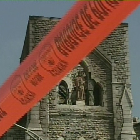Police tape blocks off St-Paul's Roman Catholic Church in Aylmer, Friday, June 12, 2009.