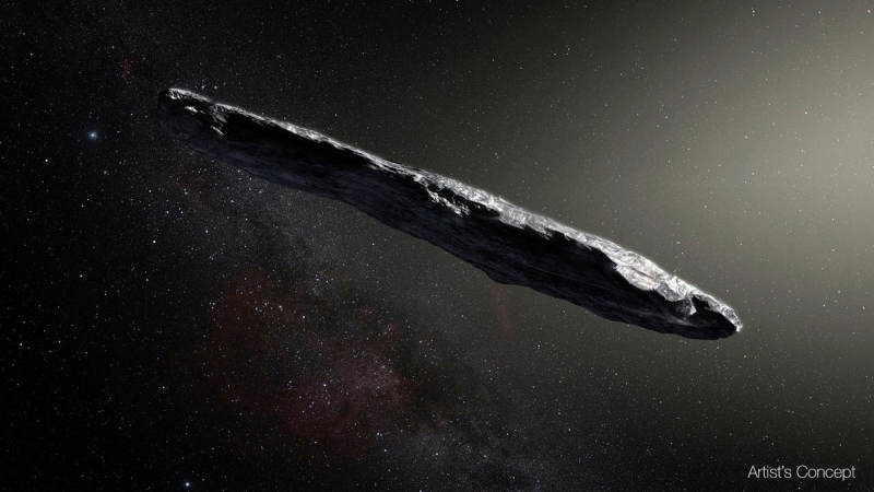This artist's rendering provided by the European Southern Observatory shows the interstellar object named "Oumuamua" which was discovered on Oct. 19, 2017 by the Pan-STARRS 1 telescope in Hawaii. (M. Kornmesser/European Southern Observatory via AP)
