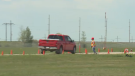 An SGI demonstration on the dangers that construction workers face on Saskatchewan roads. 
