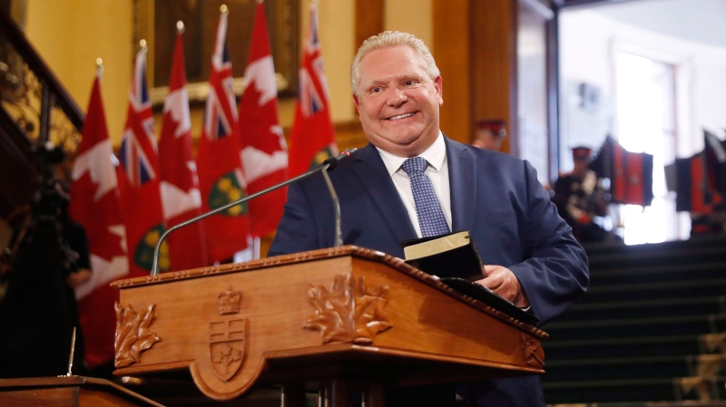 Doug Ford is sworn in as premier of Ontario during a ceremony at Queen's Park in Toronto on Friday, June 29, 2018. THE CANADIAN PRESS/Mark Blinch