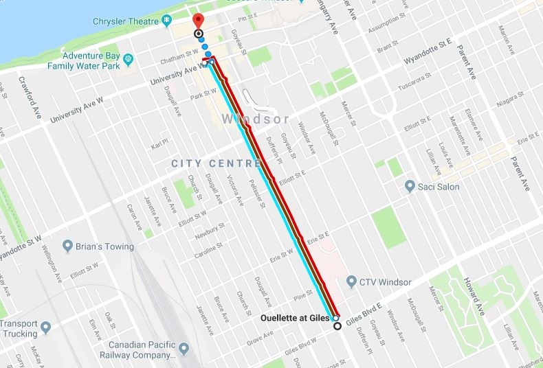 The new route runs down Ouellette Avenue, starting at Giles Boulevard and going north until Pitt Street. (Courtesy Google Maps)