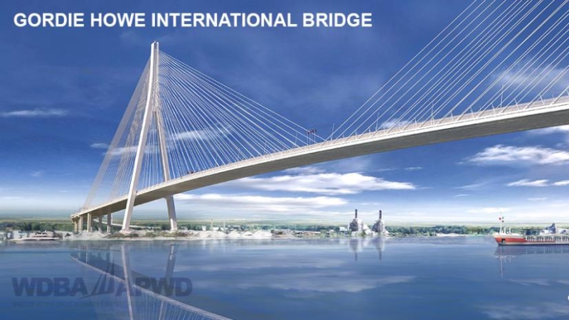 Conceptual drawing of cable-stayed Gordie Howe International Bridge between Windsor and Detroit, to be built by 'Bridging North America.' (courtesy of Windsor-Detroit Bridge Authority)