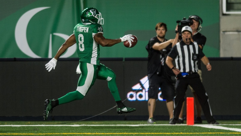 Saskatchewan Roughriders running back Marcus Thigpen (8) runs the ball in for a touchdown during second half CFL action in Regina. The Saskatchewan Roughriders defeated the Hamilton Tiger-Cats 18-13 on Thursday, July 5, 2018. (CFL PHOTO - MATT SMITH)