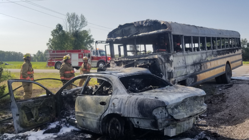A two-vehicle collision resulted in both vehicles being destroyed by fire. (Source: Norfolk County OPP)