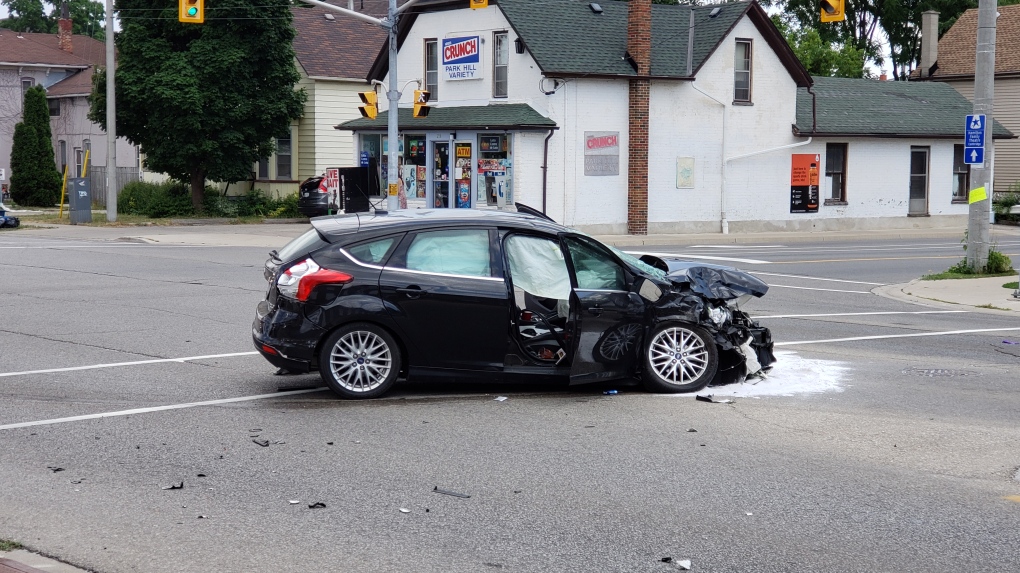 A car involved in a two-vehicle crash.